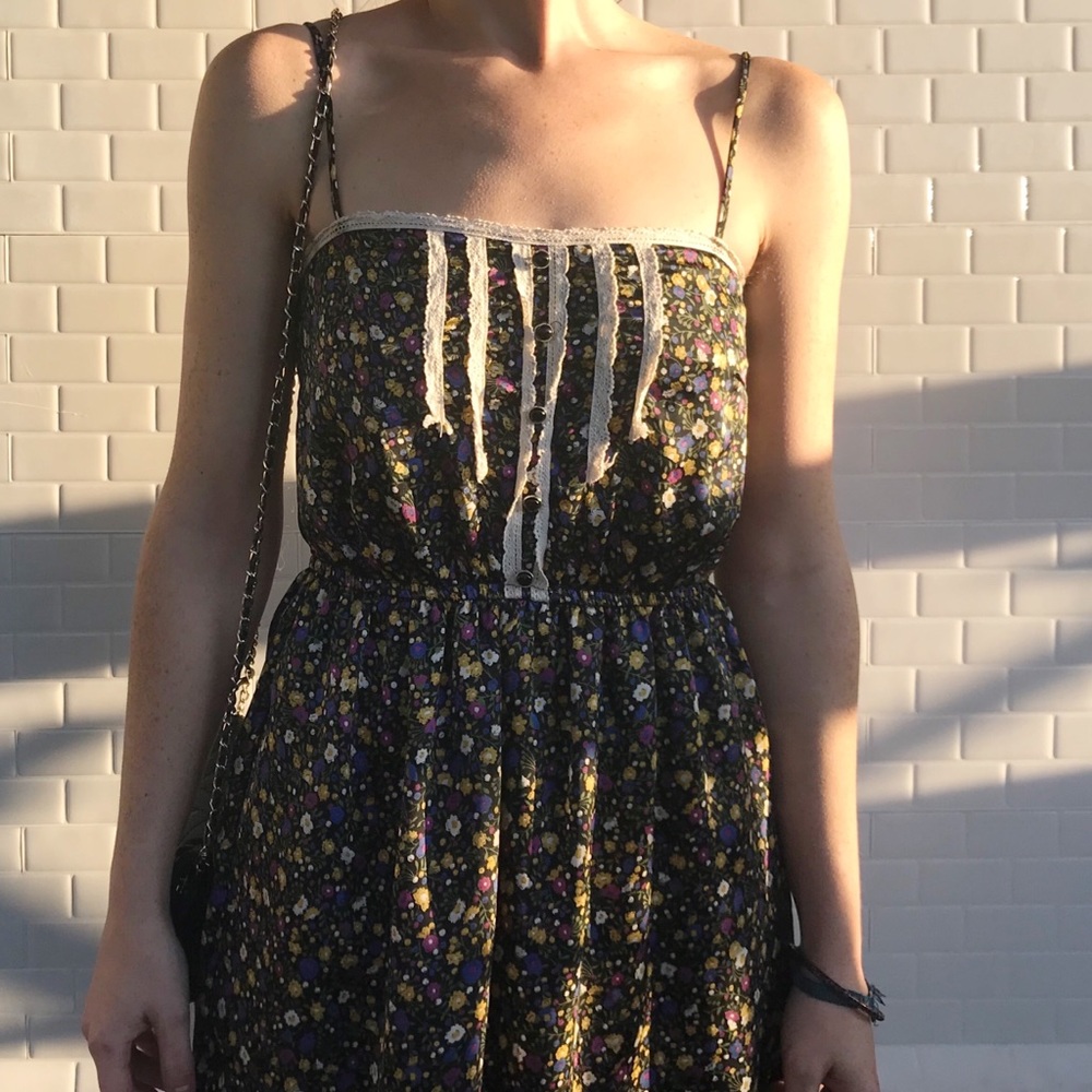 Lush floral lace button midi dress 70s boho gunne